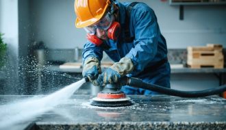 Technician polishing granite with a wet method while wearing a respirator, safety glasses, and gloves, with a vacuum hose capturing slurry; stacked slabs on A-frames, a gantry crane, and ventilation ducts softly blurred in a workshop background.