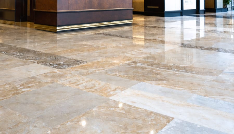 Commercial office hallway with natural stone flooring showing durability in high-traffic area