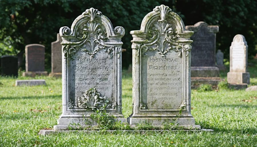 Historic slate gravestone from 1700s featuring carved winged death's head and elaborate script
