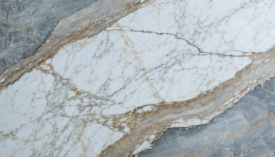 Close-up of white marble countertop showing natural gray veining and polished surface