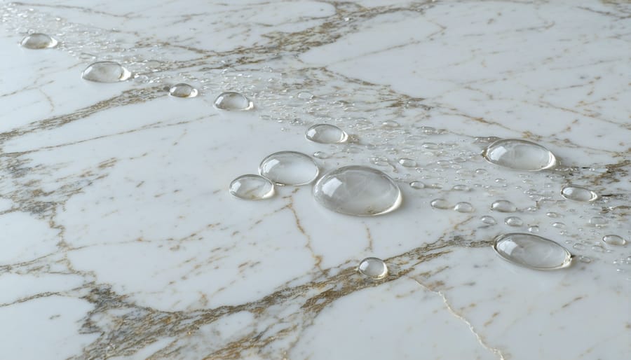 Close-up of water droplets beading on sealed white marble countertop surface