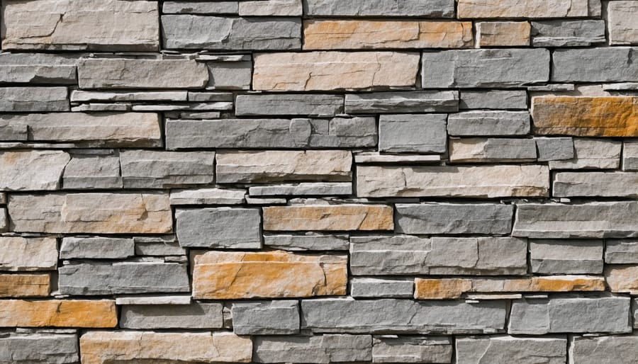Mason's hands carefully placing natural fieldstone on exterior wall