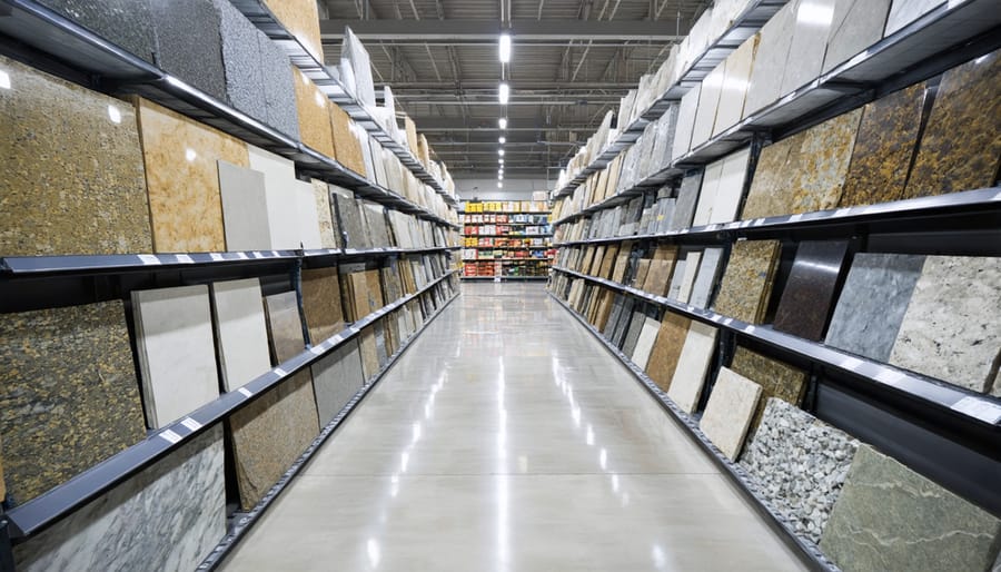 Stone retailer manager using tablet for inventory management in modern showroom