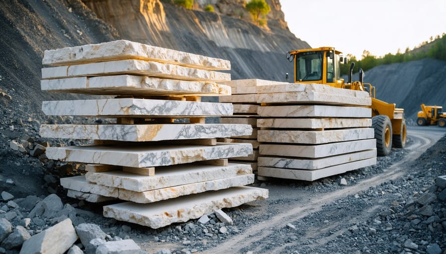 Stacked limestone and marble slabs in a quarry yard at golden hour, detailed textures in the foreground with a blurred quarry wall, wheel loader, and short-haul truck in the background.