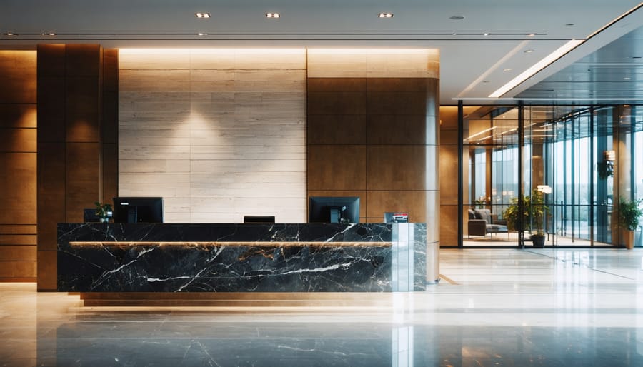 Contemporary commercial lobby with a polished granite reception desk, limestone feature wall, and quartzite flooring lit by soft daylight, with a blurred corridor and glass-walled conference room in the background.