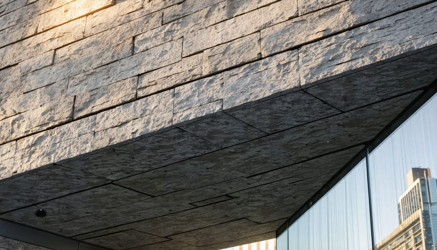 Low-angle view of a contemporary building corner with thin granite stone cladding on a ventilated facade, subtle stainless-steel subframe visible in joints, warm golden-hour light, and a soft city skyline in the background.