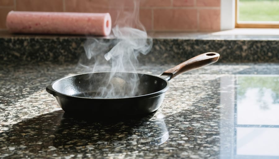 Close-up of a granite countertop holding a steaming cast-iron skillet, with a blurred roll of pink fiberglass insulation in the background under soft natural light.
