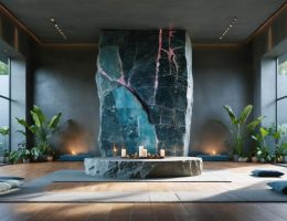 Monolithic Que Sera Stone altar and feature wall in a contemporary meditation hall, showing a blue-gray matrix with pink and burgundy inclusions under soft natural daylight, with blurred cushions, candles, and wooden floor in the background.