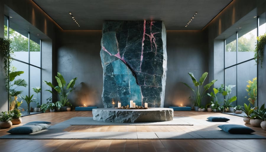 Monolithic Que Sera Stone altar and feature wall in a contemporary meditation hall, showing a blue-gray matrix with pink and burgundy inclusions under soft natural daylight, with blurred cushions, candles, and wooden floor in the background.