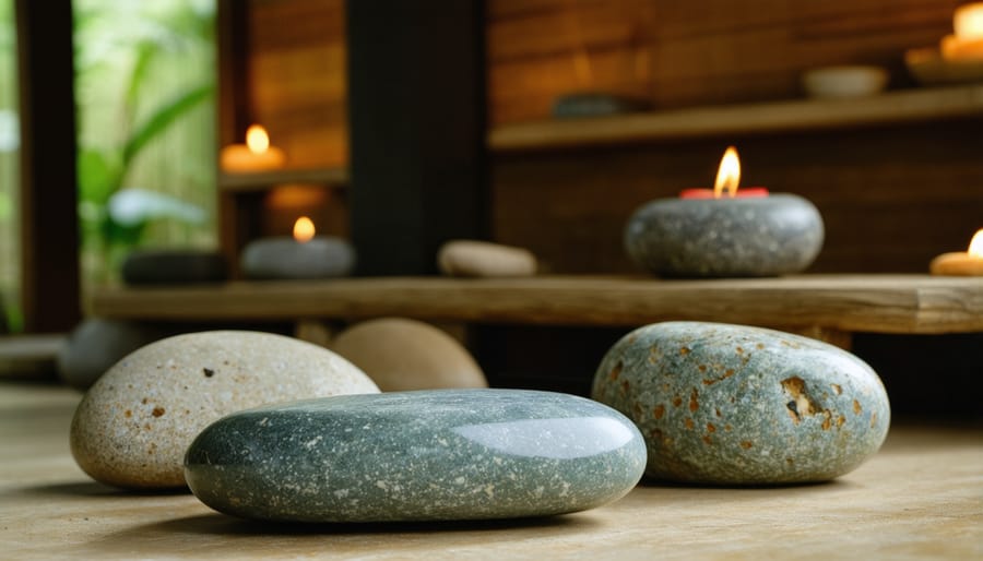 Que sera stone altar in contemporary meditation room with natural lighting
