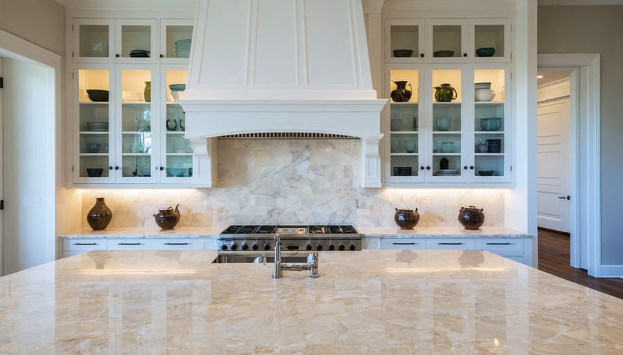 Modern kitchen interior with marble countertops and backsplash showing completed renovation