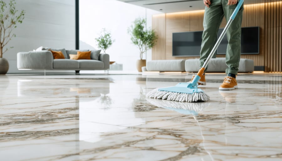 Person wearing gloves cleaning white marble countertop with pH-neutral spray cleaner