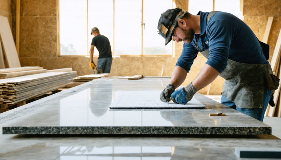 Skilled stoneworker aligns a template and calipers on a polished granite slab in a sunlit workshop, with architects and stacked stone slabs softly blurred in the background.