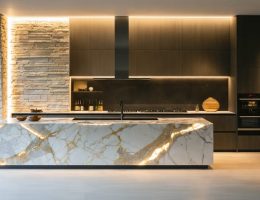 Modern kitchen with a textured limestone wall and polished marble island lit by side-grazing accent lights, warm cove lighting, and pendant task lights; sharp focus on stone texture, softly blurred cabinets and seating behind.