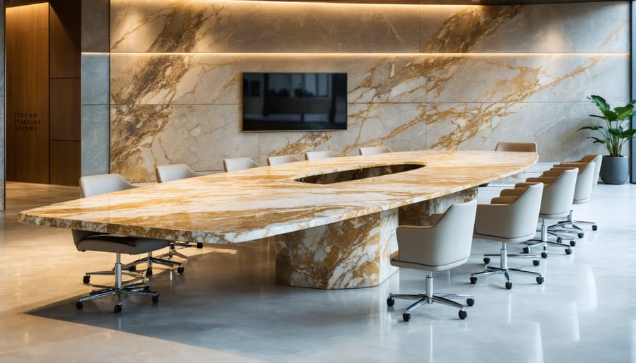 Executive boardroom featuring large natural stone conference table with modern chairs