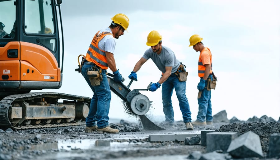 Safety instructor training workers on proper stone cutting equipment operation