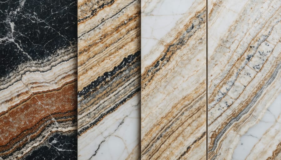 Stone inspector's hands examining natural stone slab surface for grading evaluation