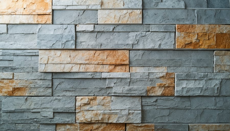 Natural stone tiles being installed over waterproofing membrane with thin-set mortar