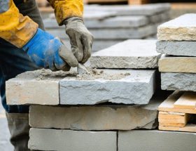 Close-up of a stonemason’s gloved hands applying mortar and placing irregular natural stone on a wall, with stacks of cut stone and manufactured veneer on pallets and blurred jobsite tools in the background