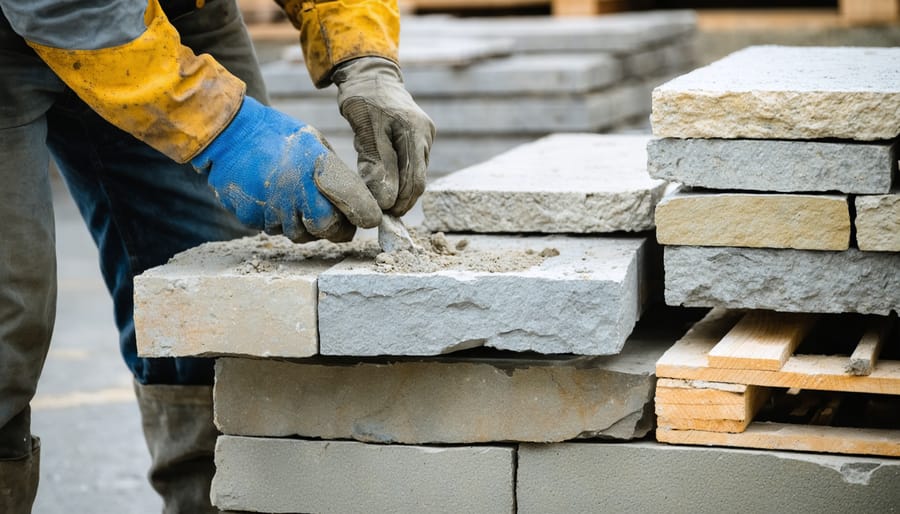 Close-up of a stonemason’s gloved hands applying mortar and placing irregular natural stone on a wall, with stacks of cut stone and manufactured veneer on pallets and blurred jobsite tools in the background