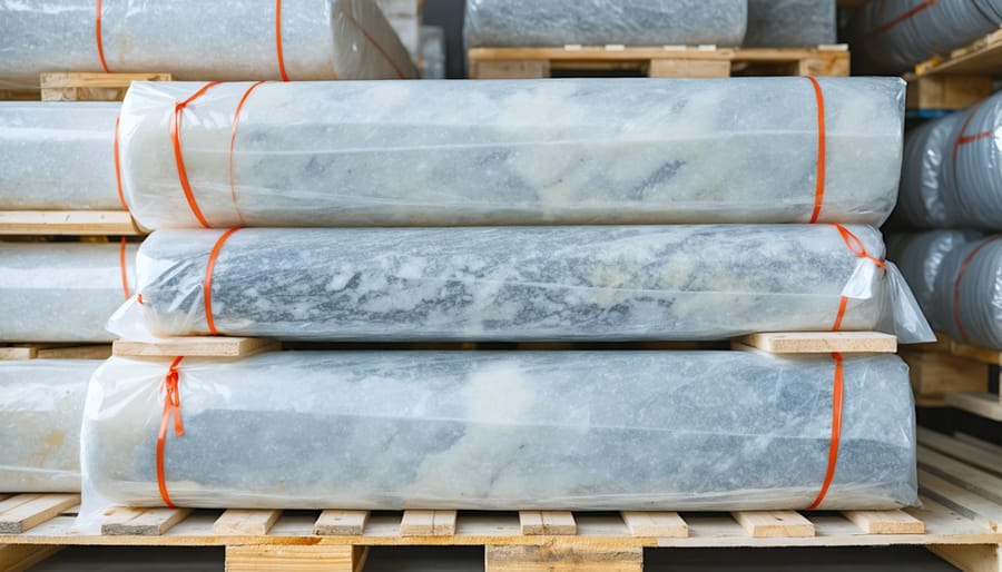 Marble tiles wrapped in protective water-soluble film on shipping crate in showroom