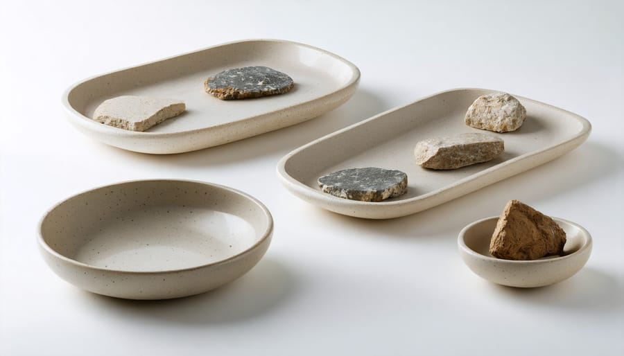 Elegant table setting featuring stone-embedded serving dishes with charcuterie and cheese