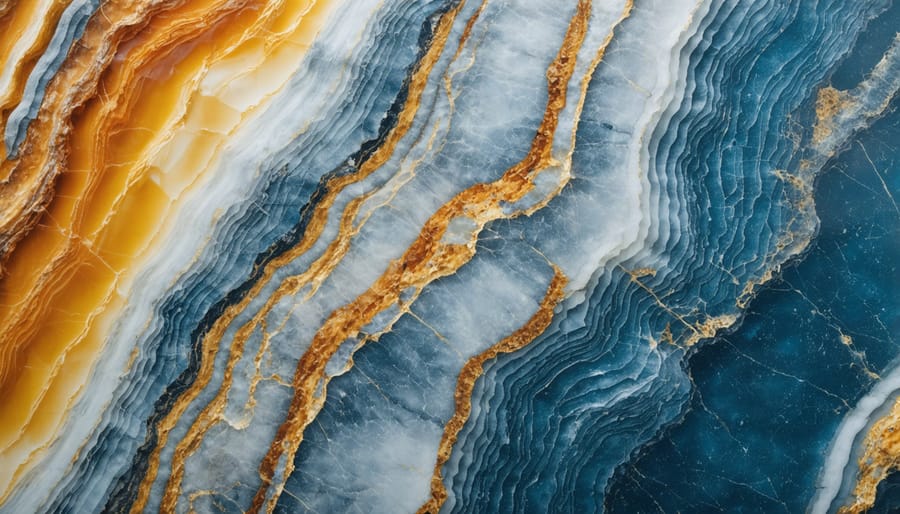 Overhead view of marble slabs arranged in stone fabrication workshop showing natural veining patterns