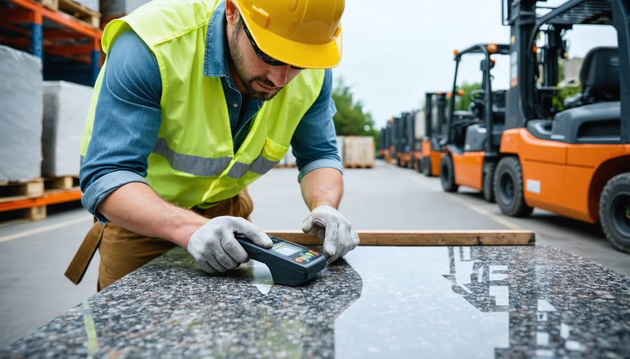 Technician in safety vest scans a barcode tag on a granite slab with a handheld scanner at a stone yard, with blurred slab racks and a forklift in the background under soft overcast light.