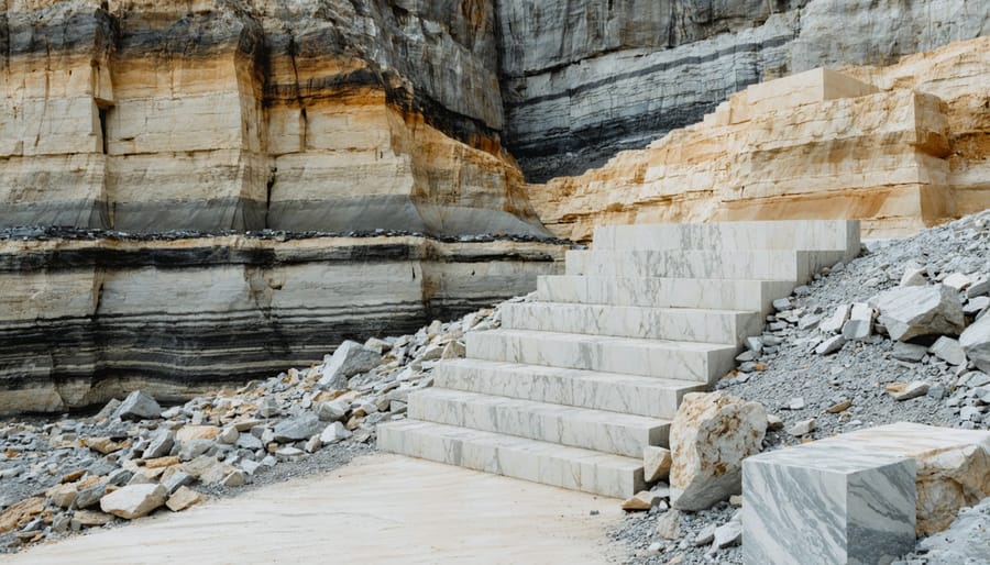 Architect and stone supplier discussing sustainable sourcing options with stone samples at quarry