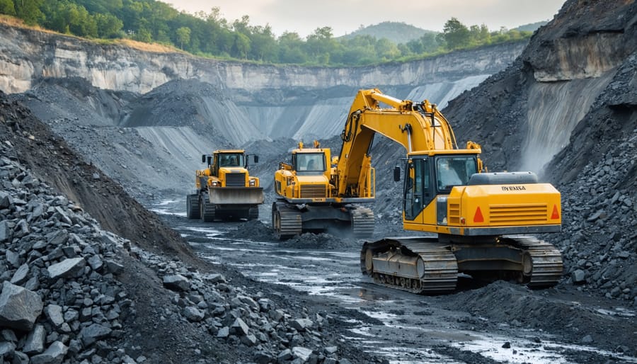 Heavy diesel-powered quarrying equipment extracting natural stone from quarry face