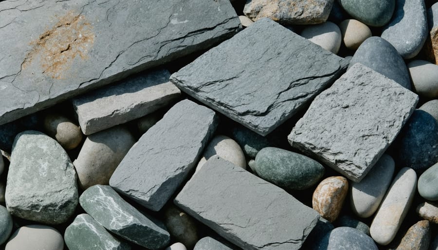Stone tiles surrounded by plastic film and foam packaging waste in warehouse setting