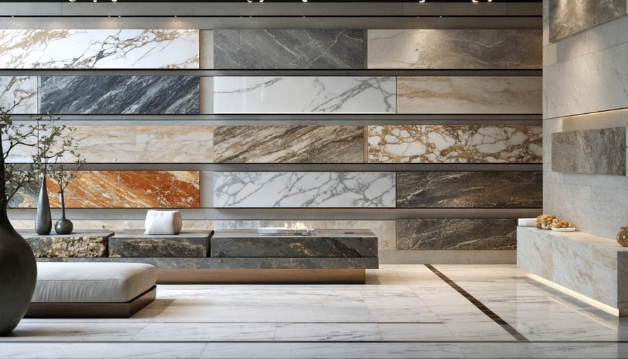 Woman examining small stone samples in showroom looking uncertain about her choice