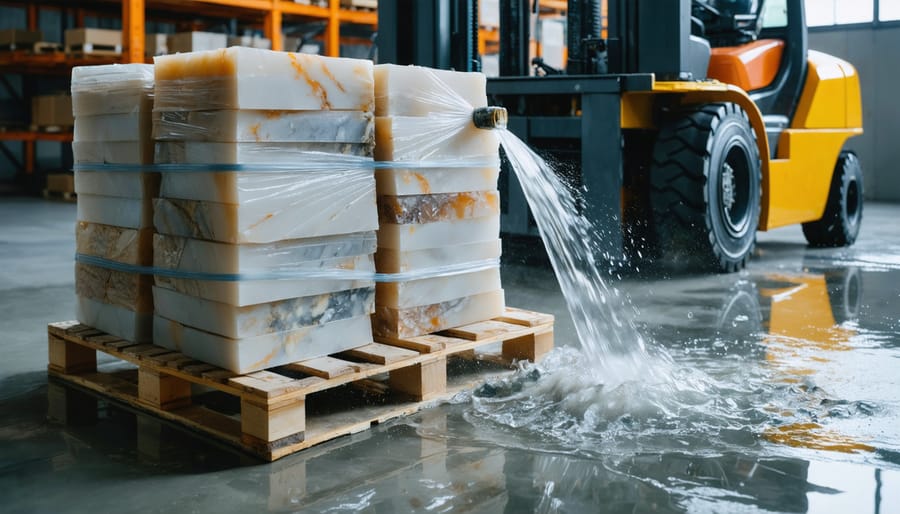 Water dissolving a translucent PVA protective film around palletized natural stone tiles in a warehouse, with storage racks and a forklift softly blurred in the background.
