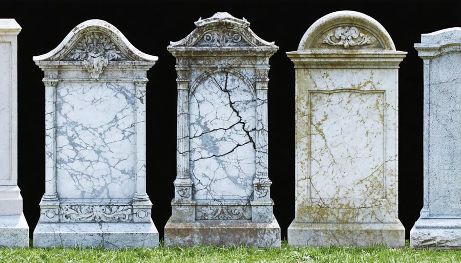 Close-up of deteriorating marble gravestone showing lichen growth, erosion, and cracks