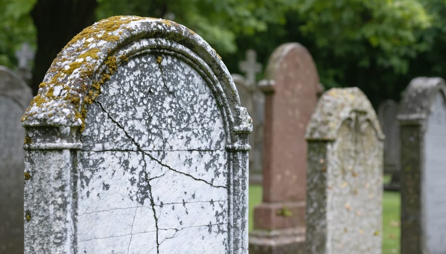 Close-up of a deteriorating marble gravestone showing lichen growth, black crust from pollution, and fine cracks, photographed in soft overcast light with blurred headstones and trees in the background.