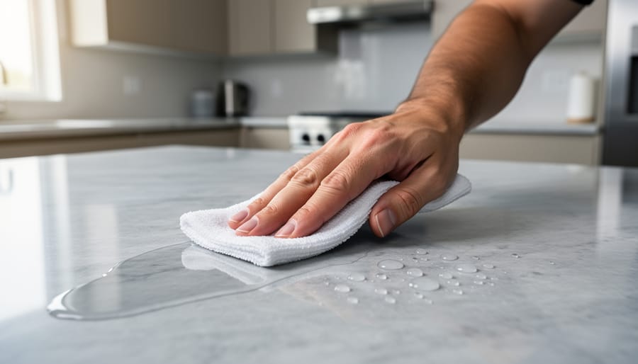 Close-up of a technician applying a clear penetrating sealer with a white microfiber pad to a honed marble countertop, with gentle water beading visible and a modern kitchen softly blurred in the background.