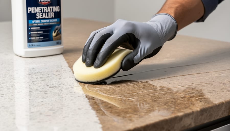 Person applying penetrating sealer to natural stone patio with foam applicator