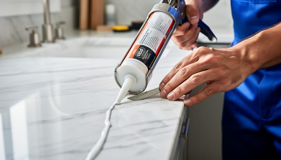 Person applying sealant to cultured marble countertop with foam applicator