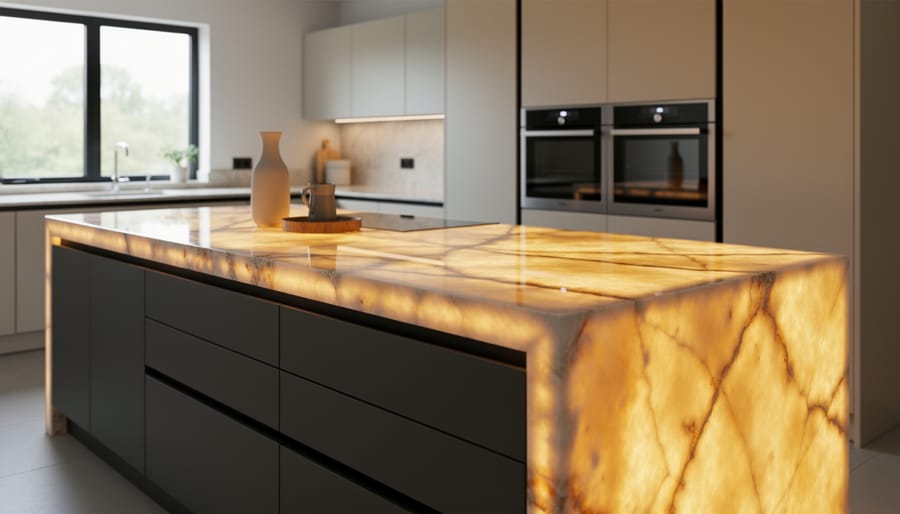 Illuminated white onyx kitchen island countertop with visible veining and warm backlighting
