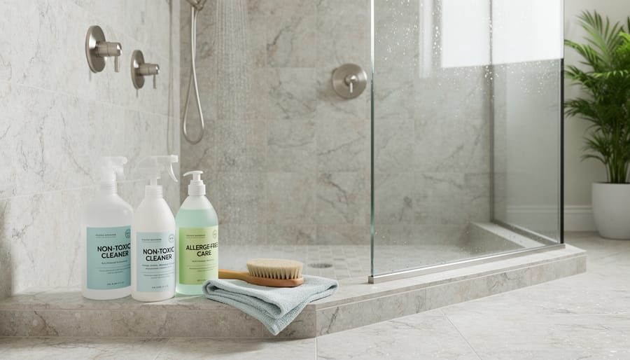 Hand cleaning natural stone shower wall with microfiber cloth