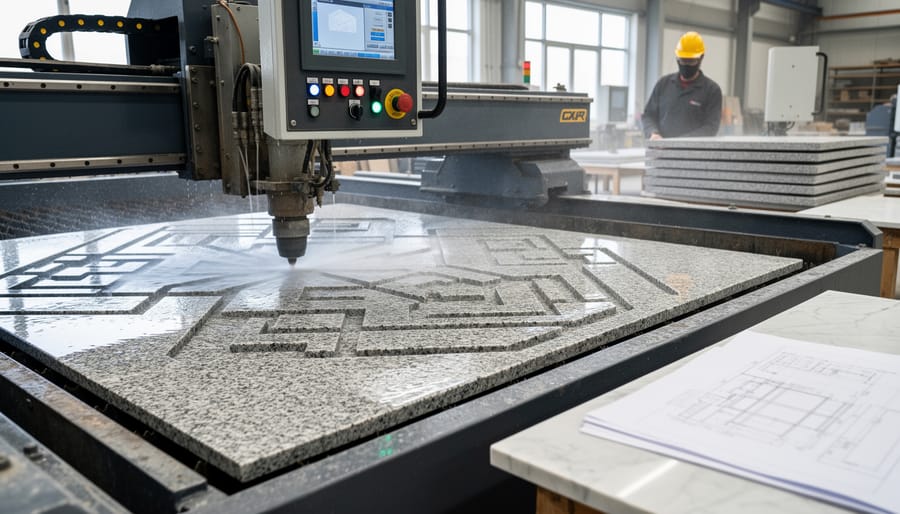 CNC waterjet machinery cutting large marble slabs in commercial stone fabrication facility