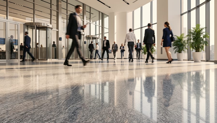 Polished granite floor in modern office lobby with people walking across stone surface