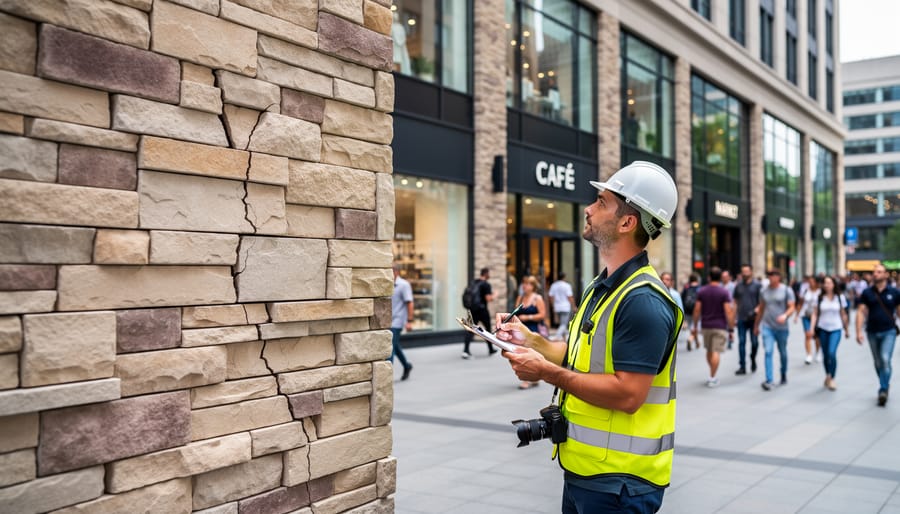 Commercial building entrance with stone veneer in high-traffic pedestrian area