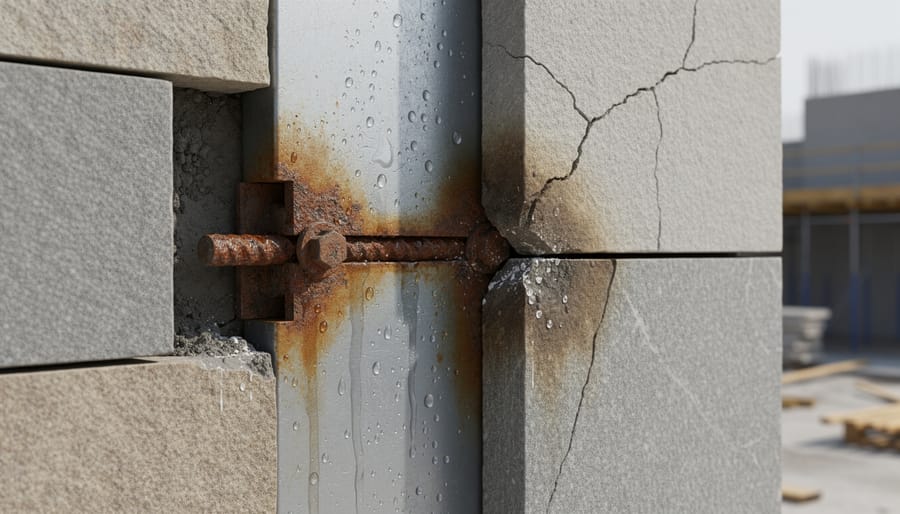 Close-up of corroded metal anchor showing rust damage and deterioration in stone cladding