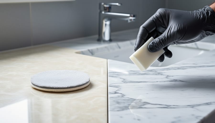 Gloved hand holding a foam applicator above a natural marble counter beside a glossy cultured marble surface with a polishing pad, in soft daylight with a blurred bathroom faucet in the background.