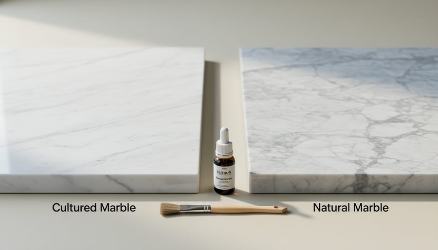 Side-by-side comparison of cultured marble and natural marble countertop surfaces showing texture differences