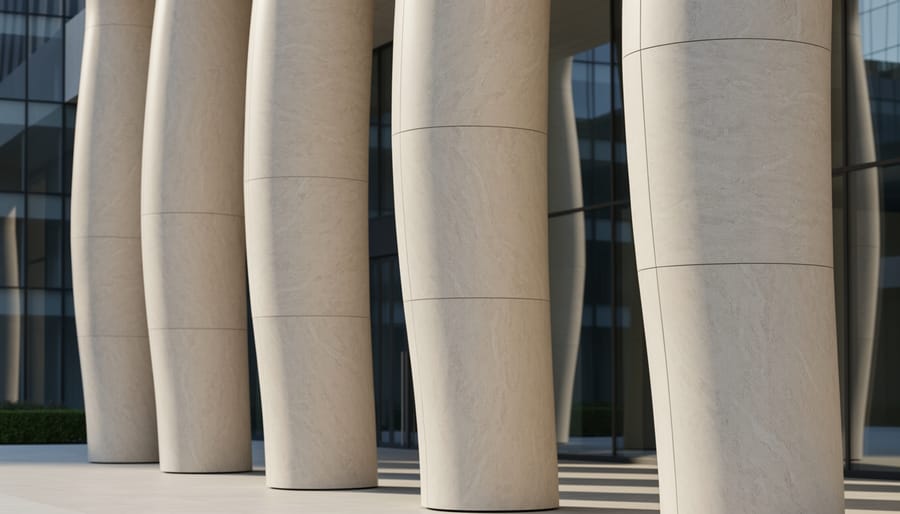 Curved stone veneer wrapped around cylindrical column in modern commercial interior