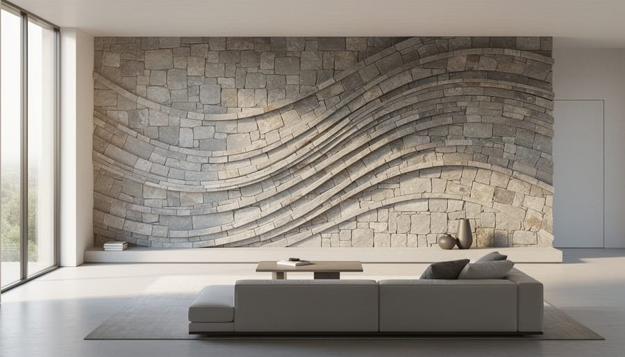 Interior feature wall with undulating curved stone veneer creating three-dimensional wavelike patterns
