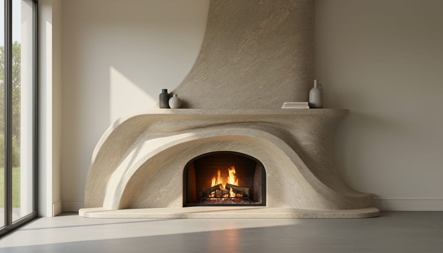 Curved stone veneer fireplace surround with flowing organic design in modern living room