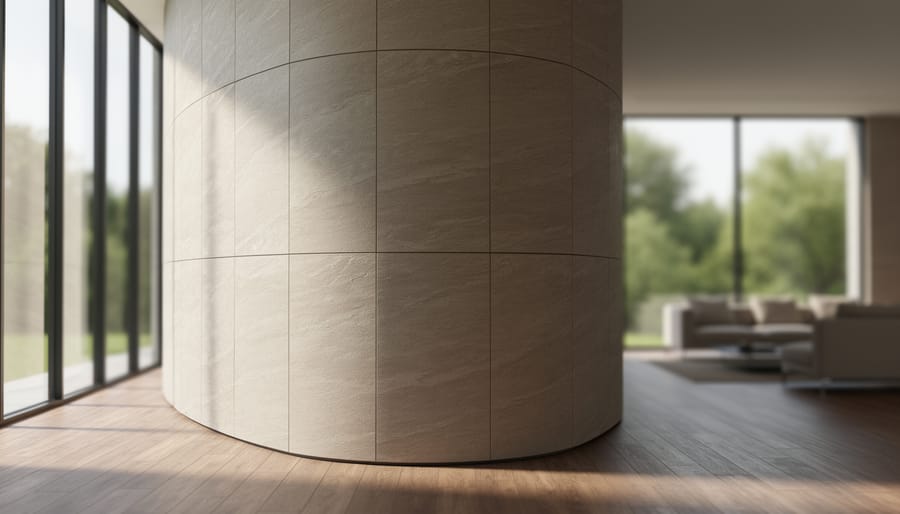 Curved stone veneer feature wall wrapping a corner in a modern minimalist interior, side-lit by tall windows, showing continuous veining and precise grout lines with blurred furniture and greenery in the background.